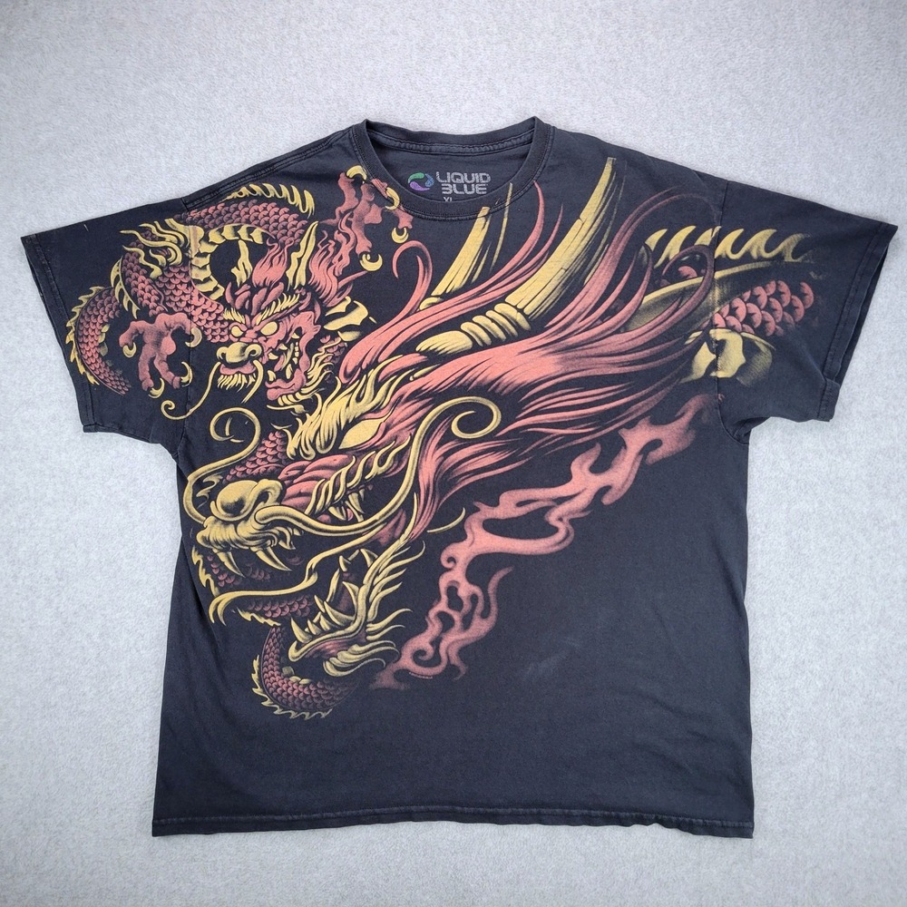 Liquid Blue Imperial Power Dragon Graphic T-Shirt Mens XL Black 2012 AOP Fantasy